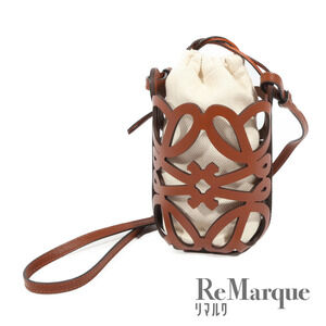 LOEWE Anagram Cutout Shoulder Bag Brown Leather Canvas